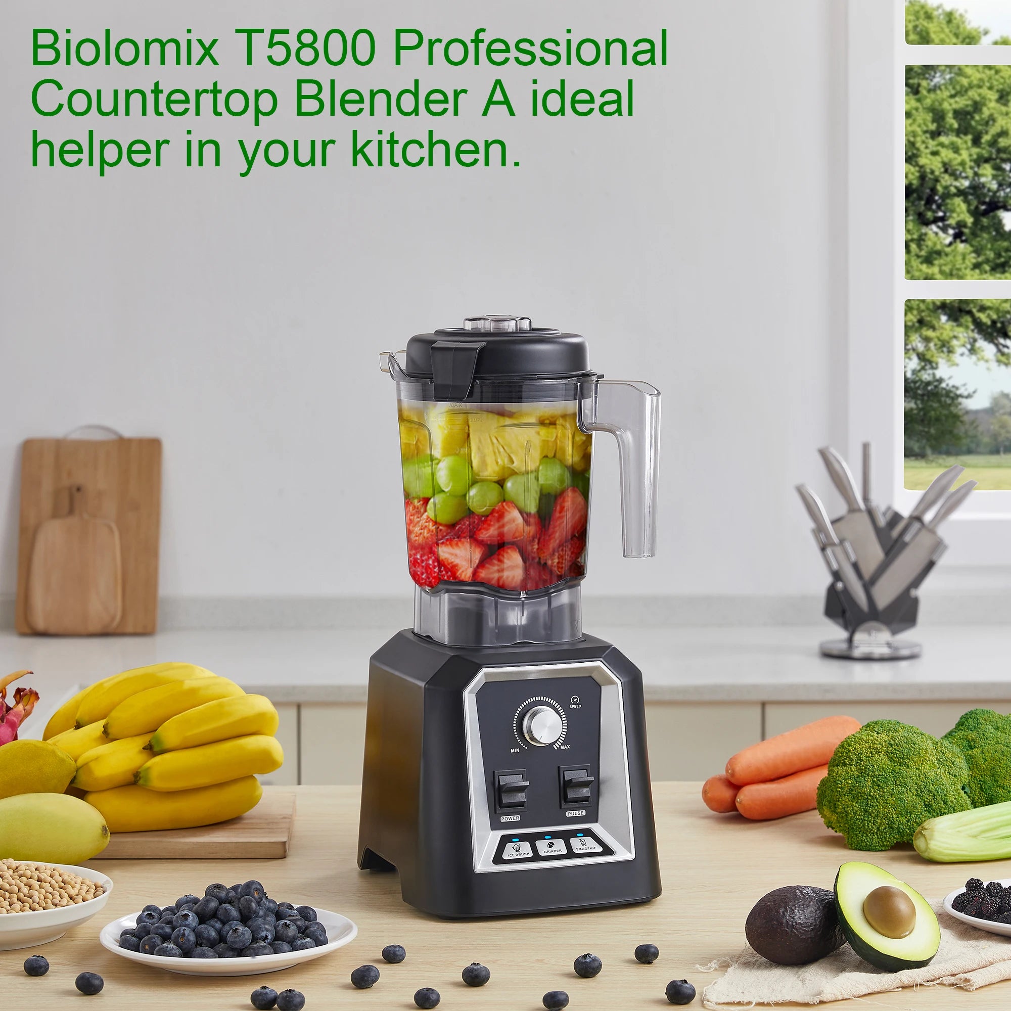 BioloMix Automatic Program Professional Kitchen Smoothie Blender BPA FREE 2L Low-profile Jar Food Mixer Juicer Ice Crusher