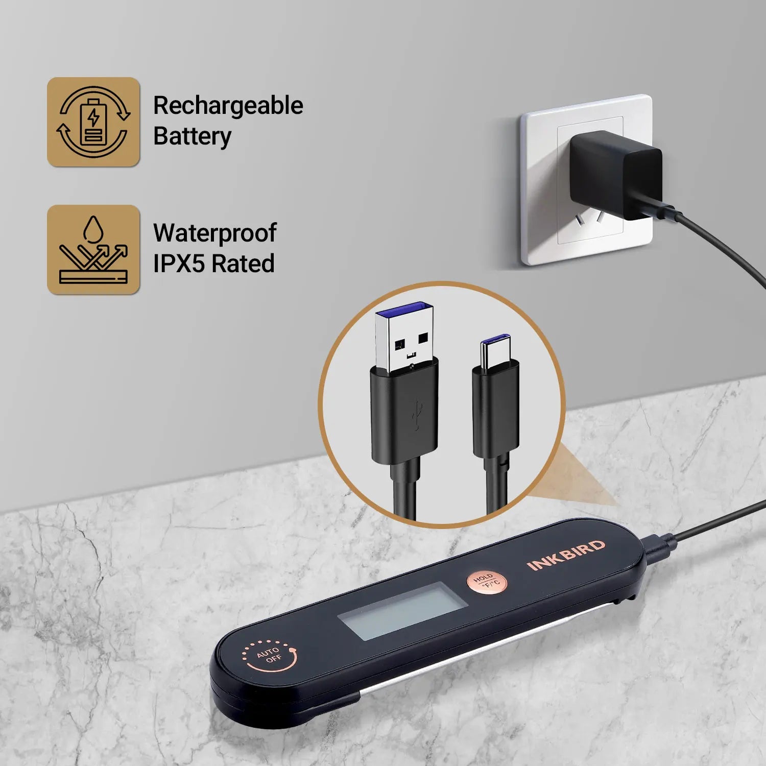 INKBIRD Digital Handheld Meat Thermometer Rechargable Waterproof  Instant Read Food Thermometer with Folding Probes for BBQ Milk