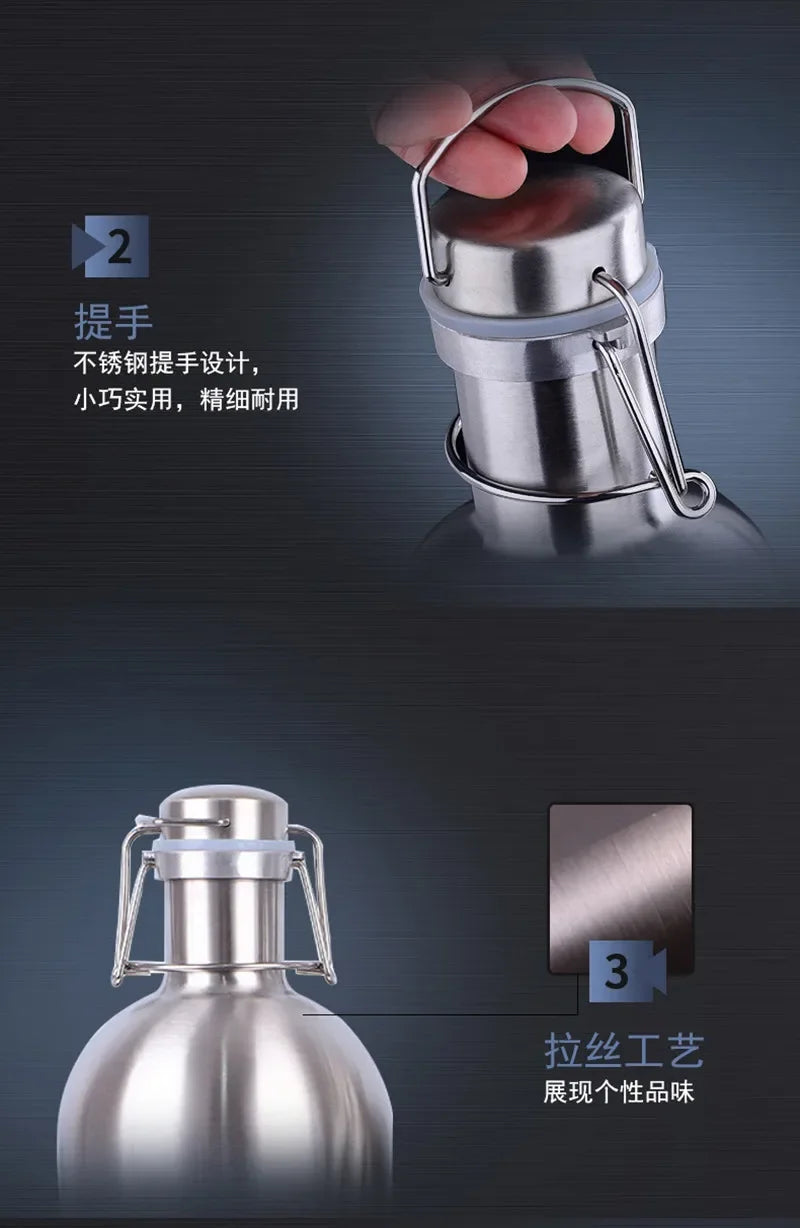 32OZ/64OZ Stainless Steel Homebrew Beer Growler Portable  Barrel Secure Swing Top Lid Craft Bottle