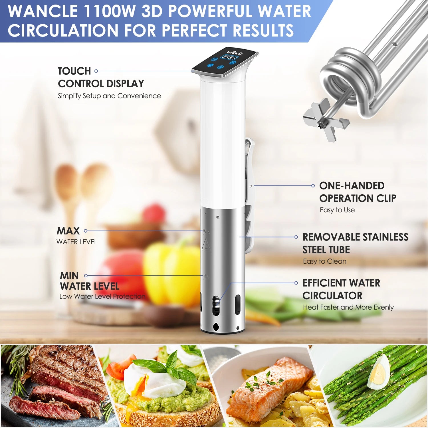 Wancle 1100W Vacuum Sous Vide Cooker IPX7 Waterproof Slow Cooker Immersion Circulator Accurate Cooking With LED Digital Display