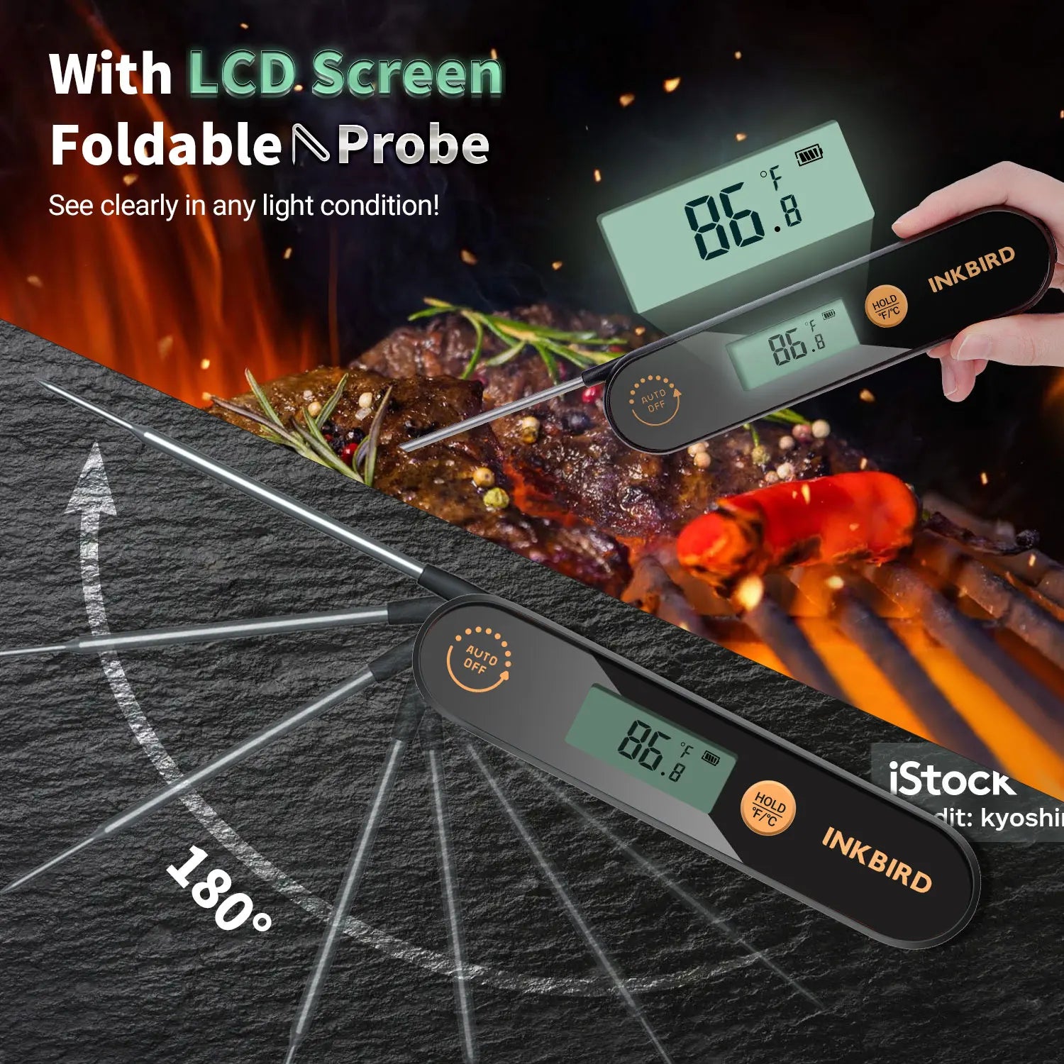 INKBIRD Digital Handheld Meat Thermometer Rechargable Waterproof  Instant Read Food Thermometer with Folding Probes for BBQ Milk