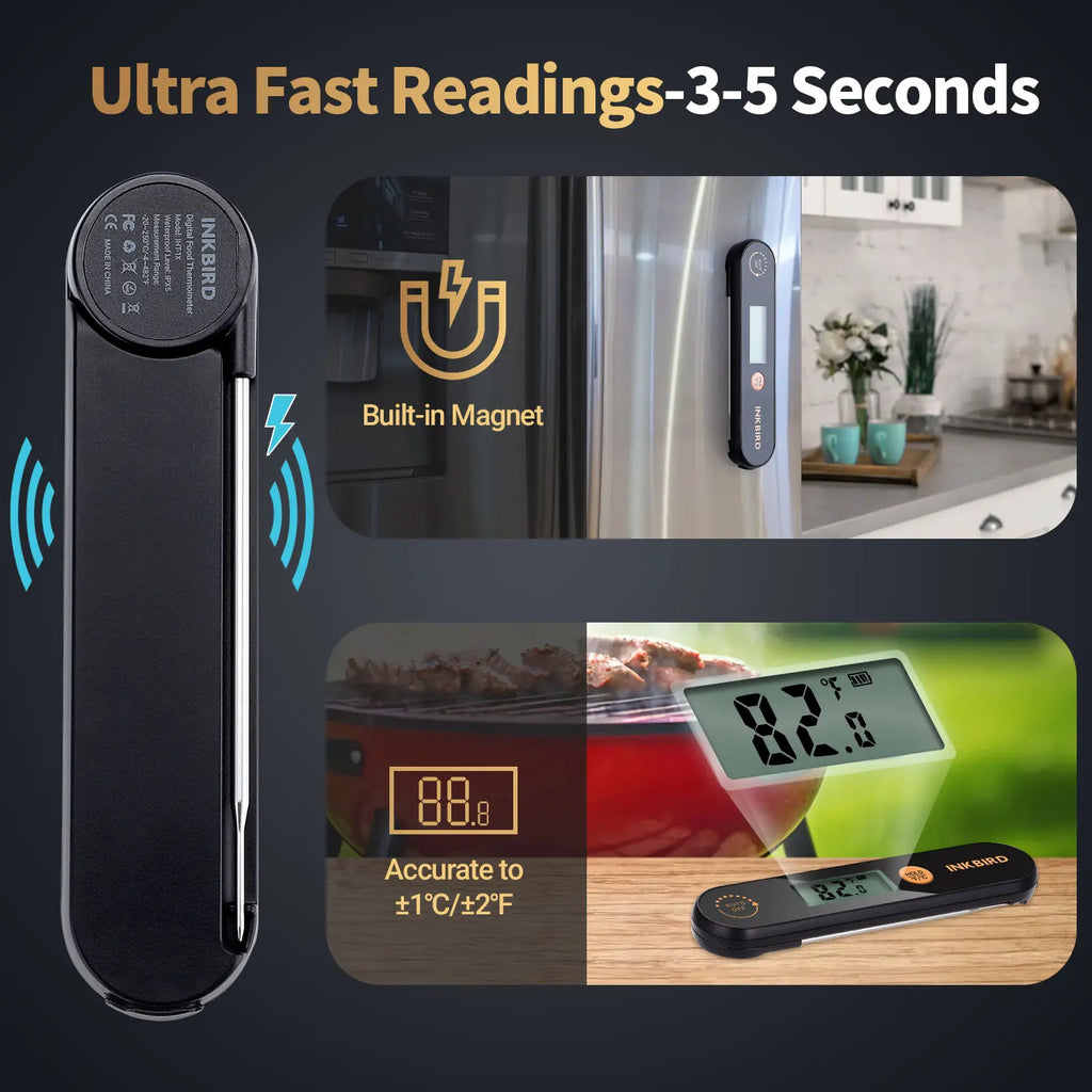 INKBIRD Digital Handheld Meat Thermometer Rechargable Waterproof  Instant Read Food Thermometer with Folding Probes for BBQ Milk