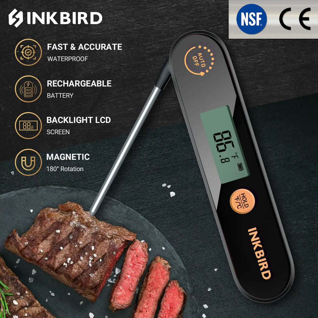 INKBIRD Digital Handheld Meat Thermometer Rechargable Waterproof  Instant Read Food Thermometer with Folding Probes for BBQ Milk