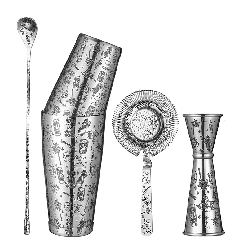 Tiki Stainless Steel 5 Piece Cocktail Set Tin-on-Tin Shaker, Jigger, Spoon and Strainer