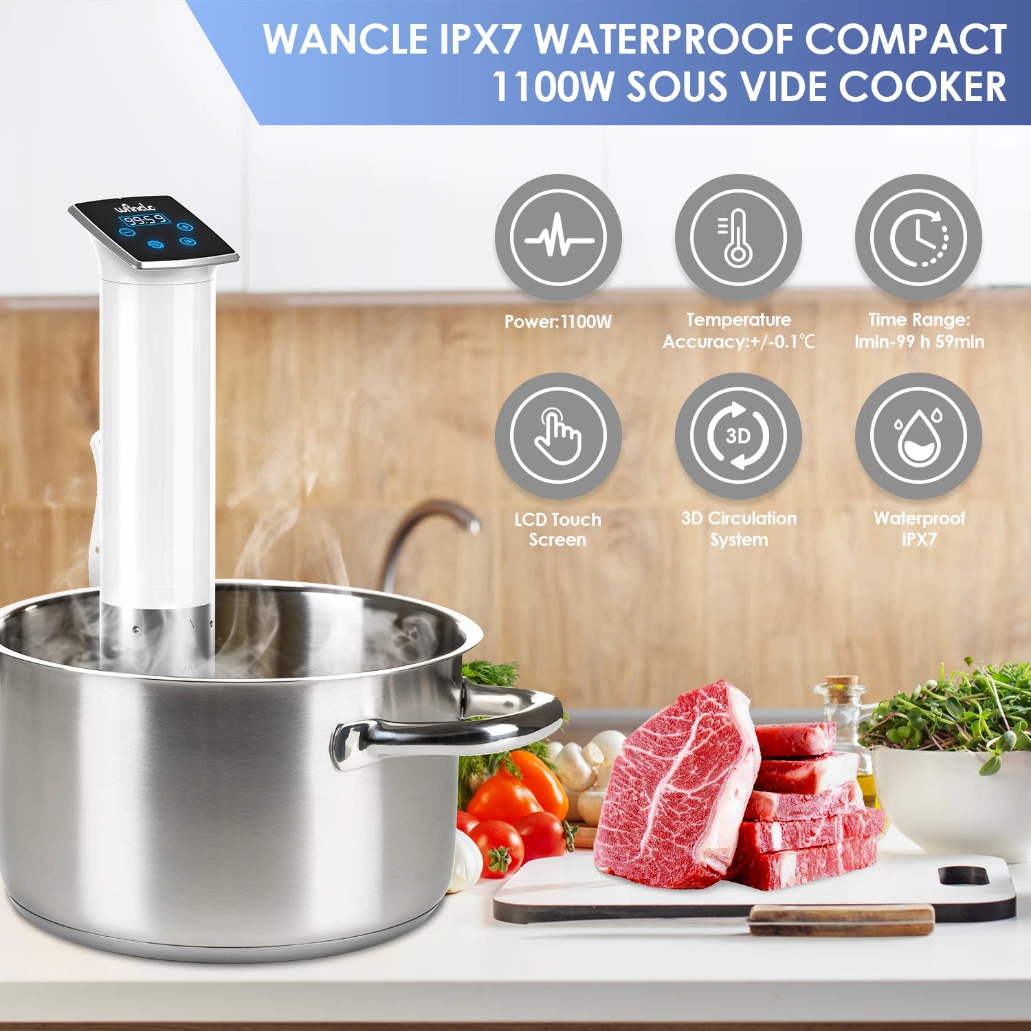 Wancle 1100W Vacuum Sous Vide Cooker IPX7 Waterproof Slow Cooker Immersion Circulator Accurate Cooking With LED Digital Display