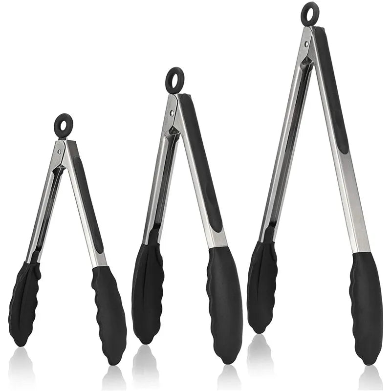 Non-Stick Silicone Locking Tong Set of 3 Stainless Steel Kitchen Food Tongs with Non-Slip Silicone Tips and Grip for Cooking
