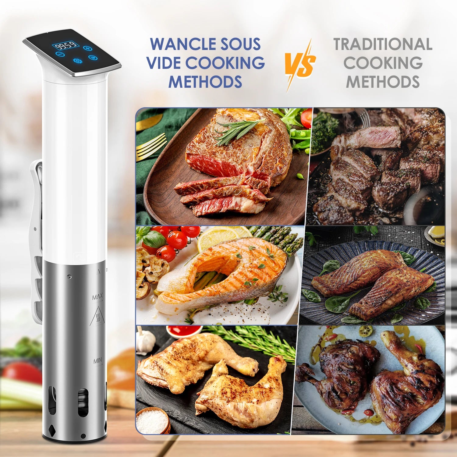 Wancle 1100W Vacuum Sous Vide Cooker IPX7 Waterproof Slow Cooker Immersion Circulator Accurate Cooking With LED Digital Display