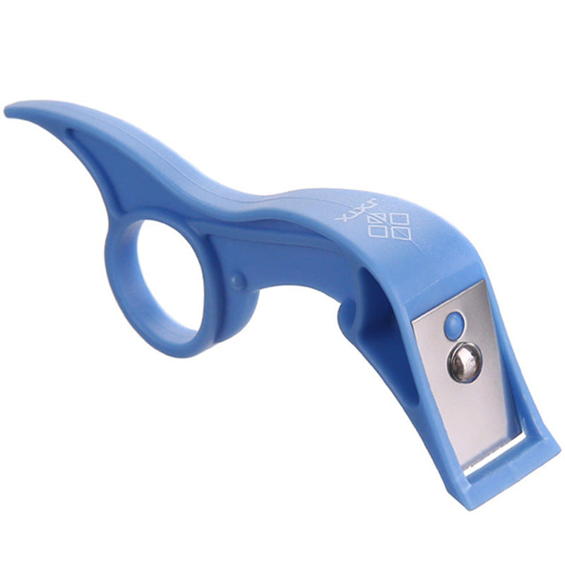 A blue fruit peeler with a stainless steel blade and a handle.